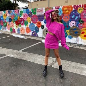 hot pink sweater & skirt set